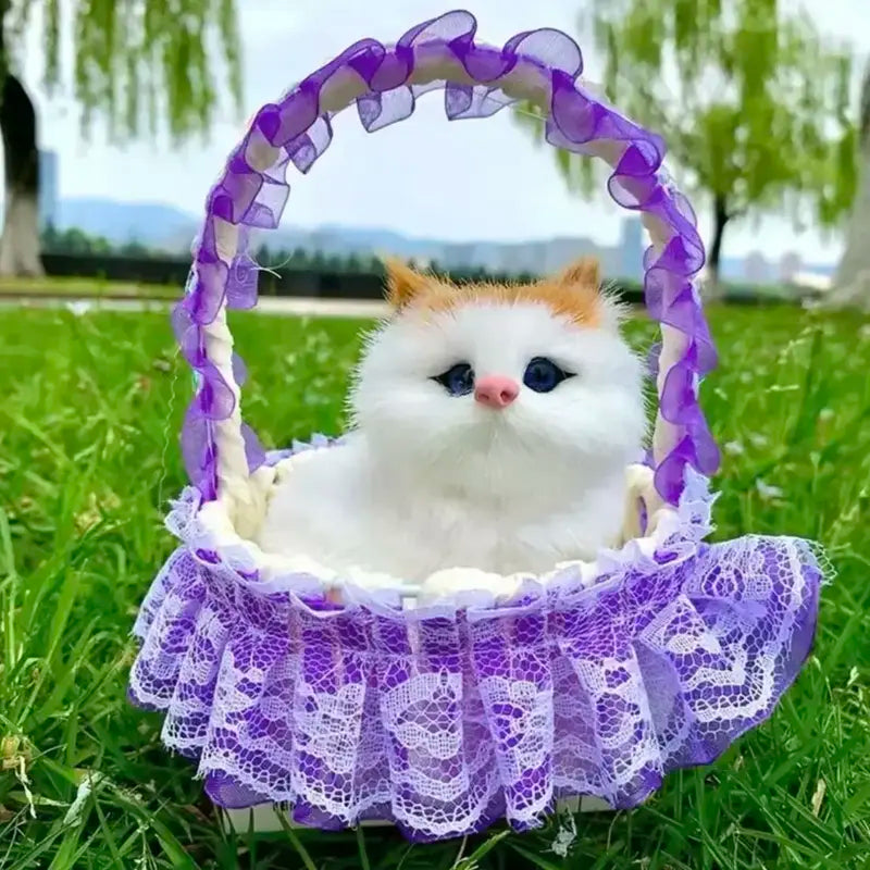 Cute Meow Sound Cat Toy Basket – Soft Plush Kitten in Decorative Basket