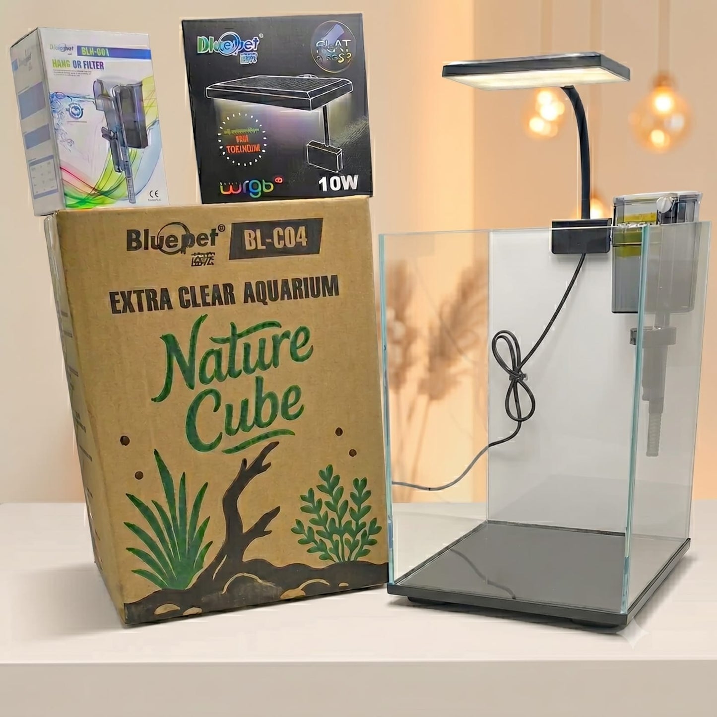 Bluepet BL-C04 Extra Clear Aquarium Nature Cube with LED Light and Hang On Filter for Planted Nano Fish Tank Setup
