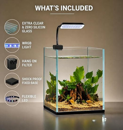 Bluepet BL-C04 Extra Clear Glass Aquarium Kit with WRGB Light, Hang On Filter and Shock Proof Base for Nano Aquascaping
