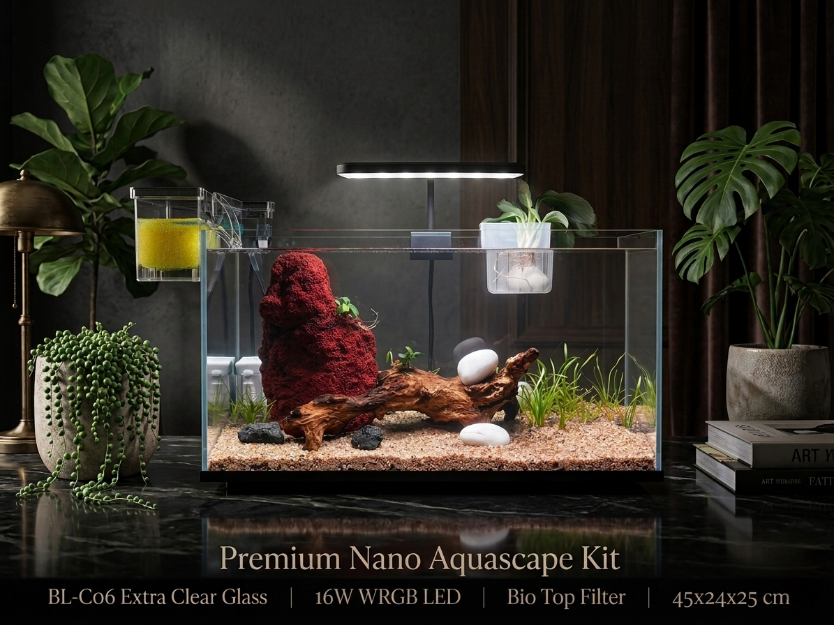 BluePet BL-C06 Ultra Clear Glass Aquarium Kit (45x24x25 cm) with Bio Top Filter & WRGB Light