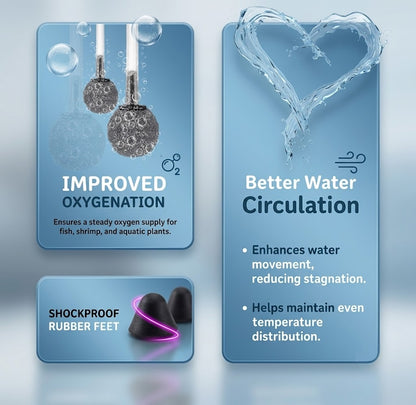 Product features with text on improved oxygenation, better water circulation, and shockproof rubber feet on a blue background.