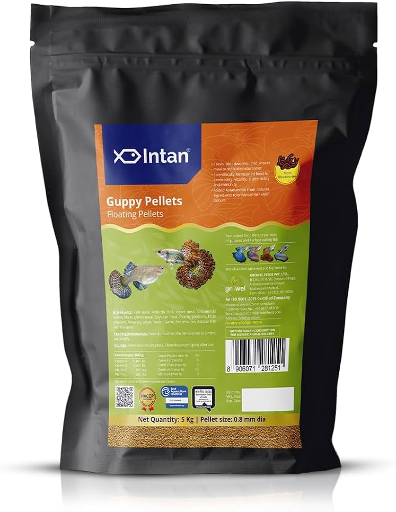 Intan Guppy Pellets packaging with black background