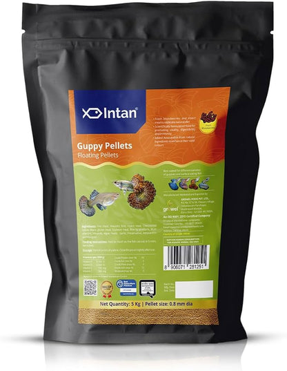 Intan Guppy Pellets packaging with black background