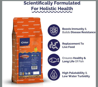 Intan fish food packaging with scientific benefits listed on a white background