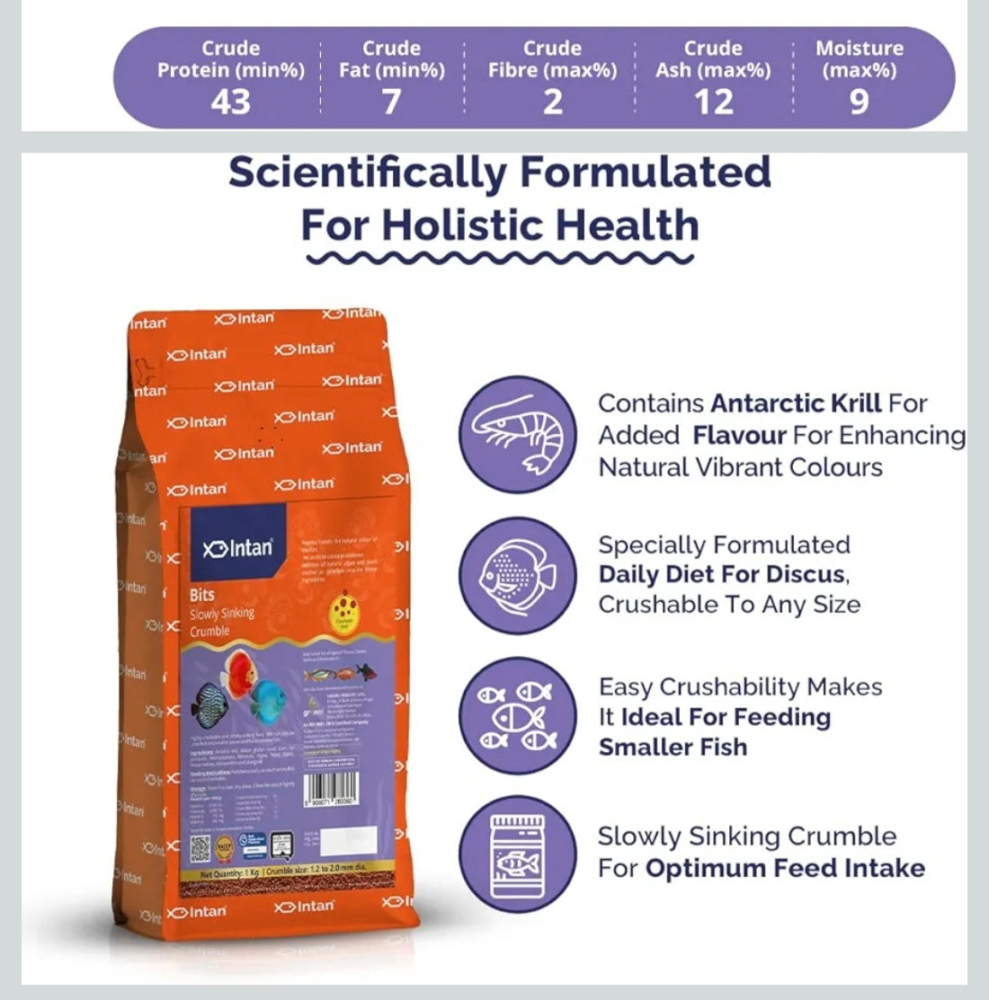 Intan fish food packaging with nutritional information and product features on a gray background