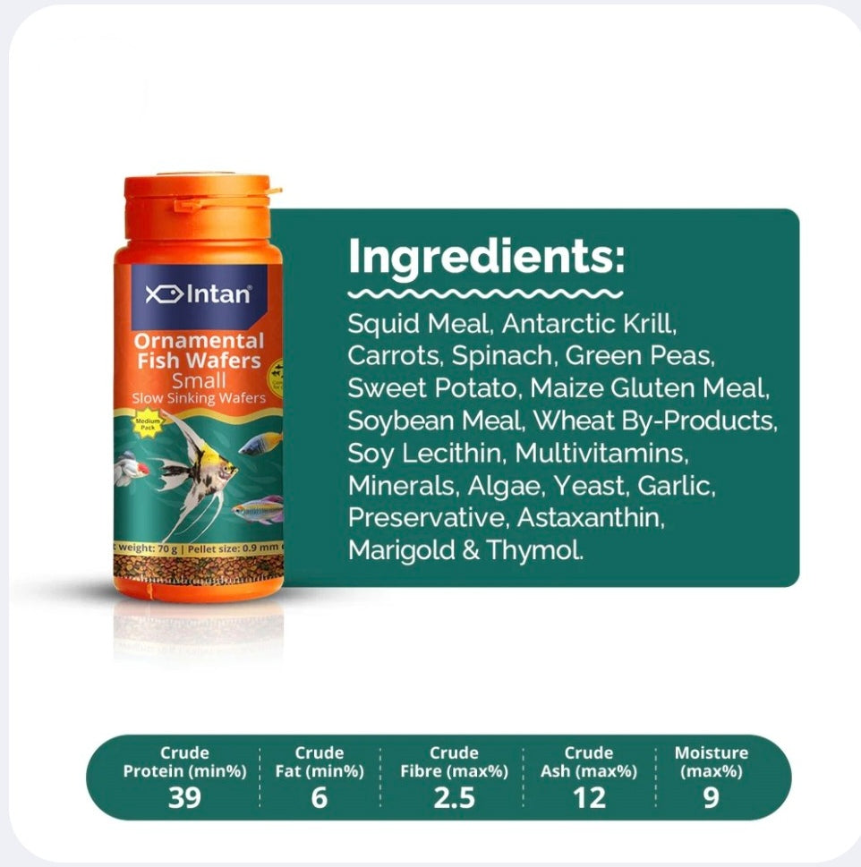 Intan Ornamental Fish Wafers bottle with ingredients list on a white background