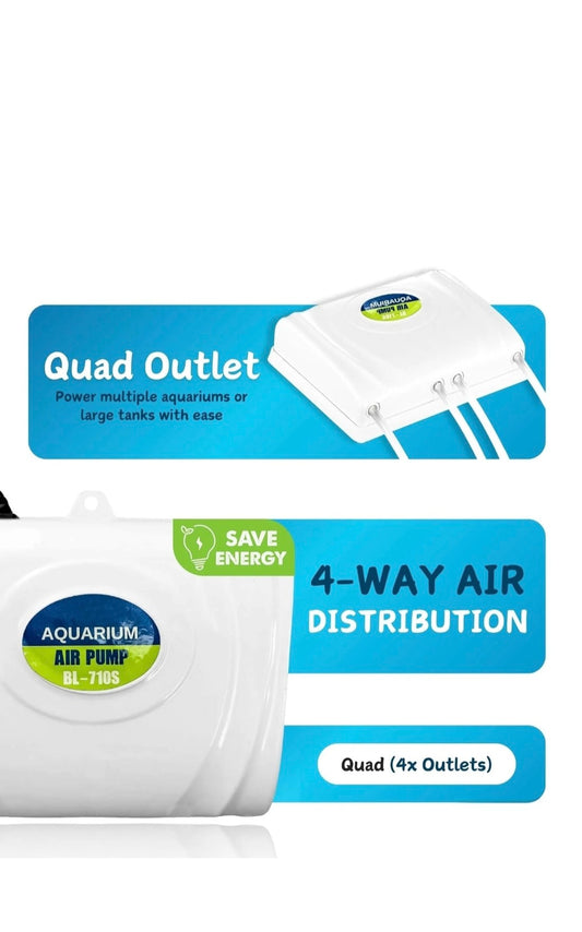Aquarium air pump with quad outlet and 4-way air distribution on a white background