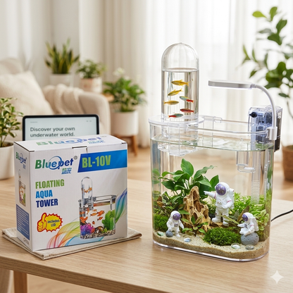 Bluepet floating aqua tower with packaging on a table