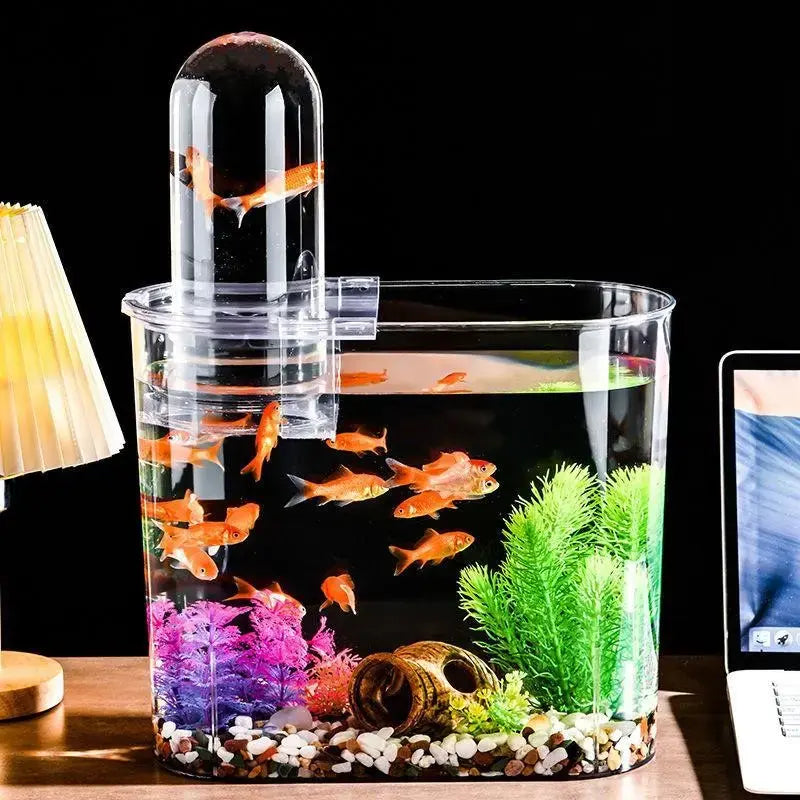 Small aquarium with goldfish and decorative elements on a table next to a lamp and laptop.