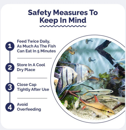 Safety measures for aquarium fish with a circular inset showing fish in an aquarium.