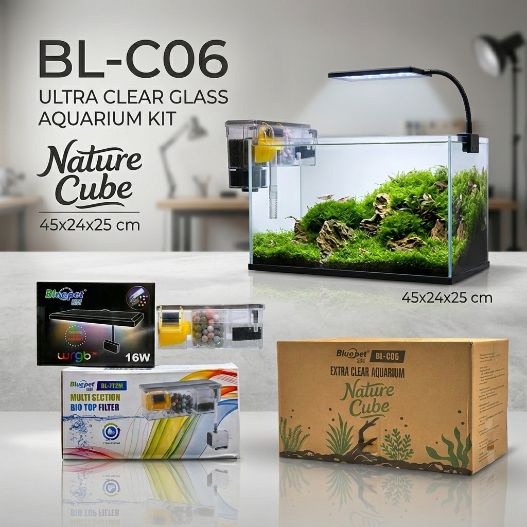 BluePet BL-C06 Ultra Clear Glass Aquarium Kit (45x24x25 cm) with Bio Top Filter & WRGB Light