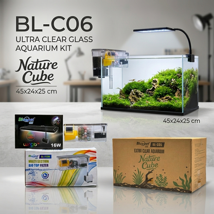 BluePet BL-C06 Ultra Clear Glass Aquarium Kit (45x24x25 cm) with Bio Top Filter & WRGB Light