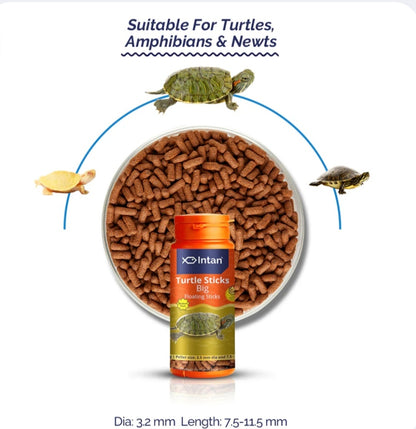 Intan Turtle Sticks for turtles, amphibians, and newts with a bowl of turtle food and turtles on a white background.