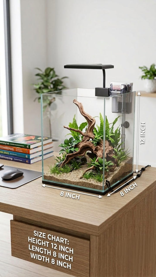 Small glass aquarium with plants and driftwood on a desk, size chart visible